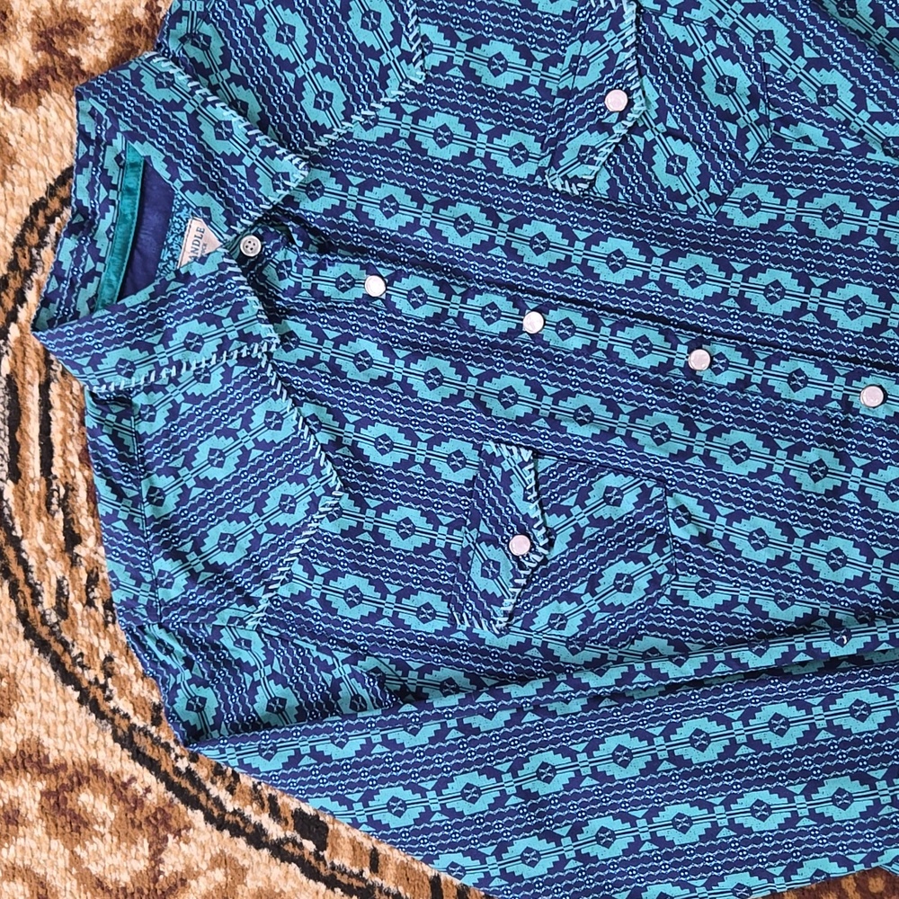 100% Cotton Panhandle Rough Stock Snap Shirt Y2K Cowgirl Turquoise Western Style